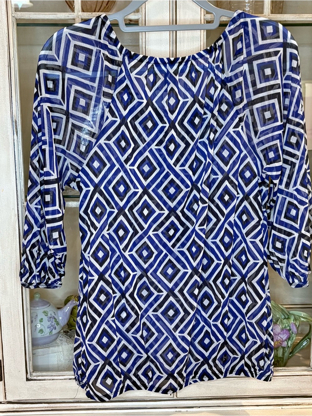 INC International Concepts Blue Geometric Sequin Peasant Blouse - Picture 5 of 9